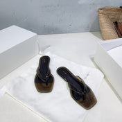 THE ROW 26S SQUARE TOE THONG SANDALS IN TRANSLUCENT DARK BROWN PVC WITH SILVER FOOTBED