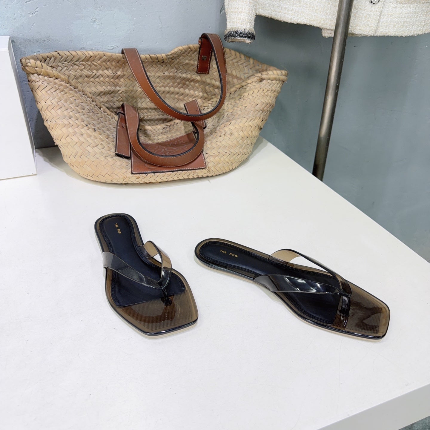 THE ROW 26S SQUARE TOE THONG SANDALS IN TRANSLUCENT DARK BROWN PVC WITH SILVER FOOTBED