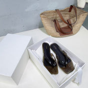 THE ROW 26S SQUARE TOE THONG SANDALS IN TRANSLUCENT DARK BROWN PVC WITH SILVER FOOTBED