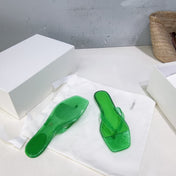 THE ROW 26S SQUARE TOE THONG SANDALS IN TRANSLUCENT GREEN PVC WITH SILVER FOOTBED