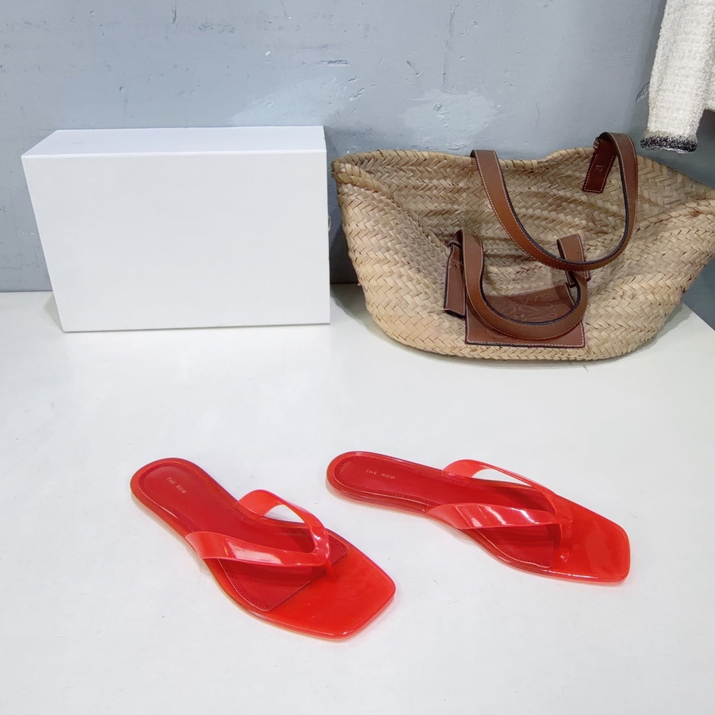 THE ROW 26S SQUARE TOE THONG SANDALS IN TRANSLUCENT RED PVC WITH SILVER FOOTBED