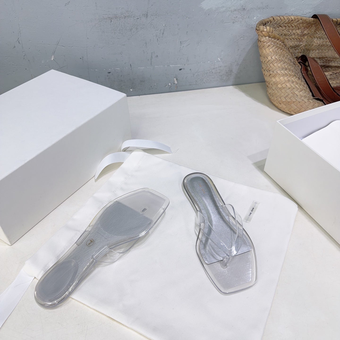THE ROW 26S SQUARE TOE THONG SANDALS IN CLEAR PVC WITH SILVER FOOTBED