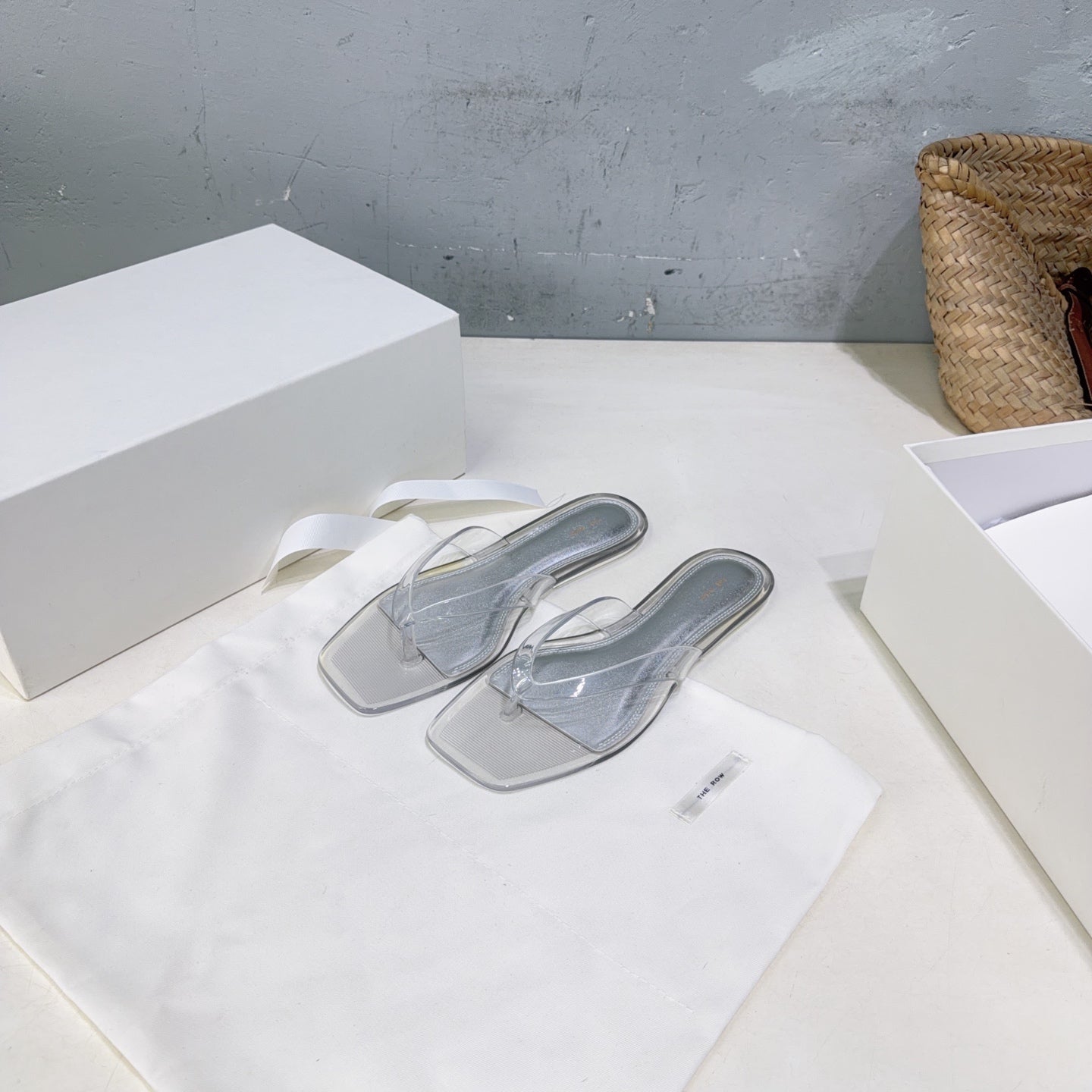 THE ROW 26S SQUARE TOE THONG SANDALS IN CLEAR PVC WITH SILVER FOOTBED