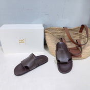 THE ROW 26S STRAP SLIDES IN CHOCOLATE BROWN CALFSKIN