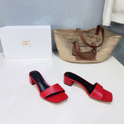 THE ROW 26S SQUARE TOE SLIDE SANDALS 45MM IN DARK RED CALFSKIN