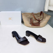THE ROW 26S SQUARE TOE SLIDE SANDALS 45MM IN DARK BROWN CALFSKIN