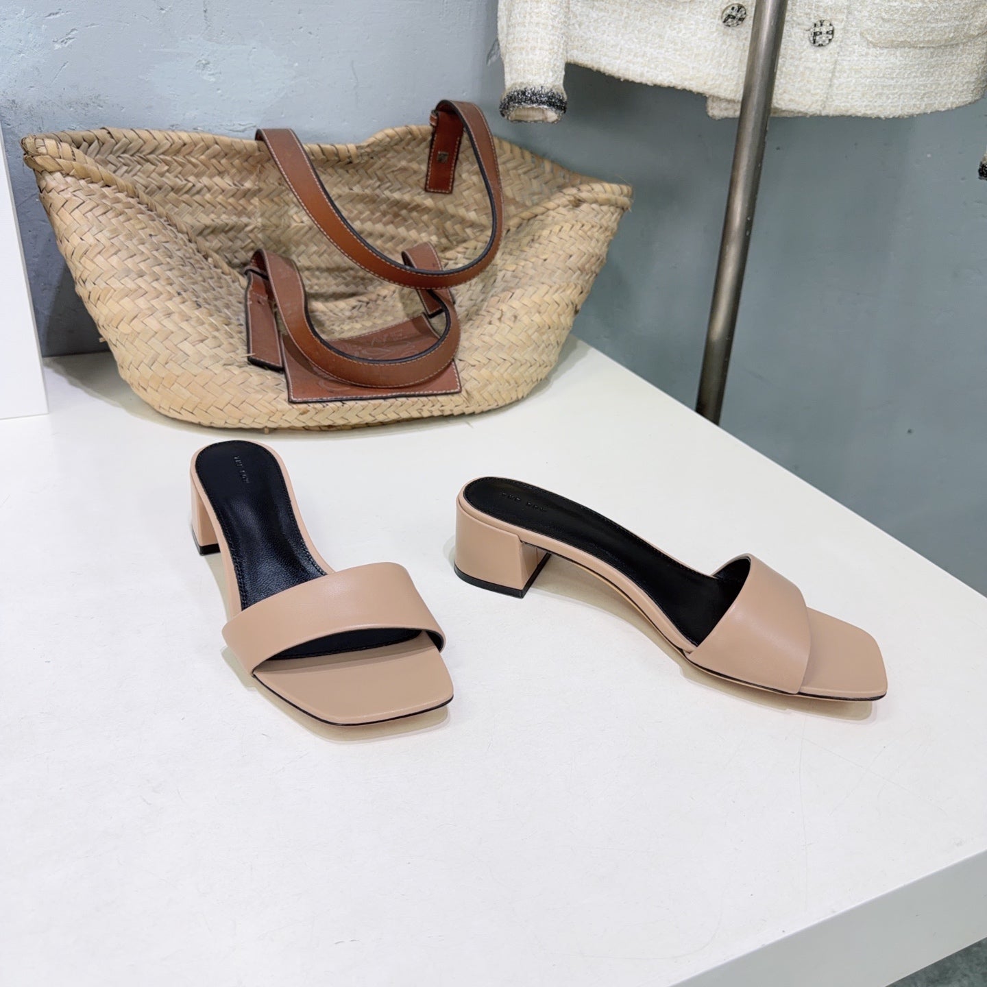 THE ROW 26S SQUARE TOE SLIDE SANDALS 45MM IN NUDE BEIGE CALFSKIN