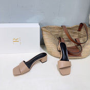 THE ROW 26S SQUARE TOE SLIDE SANDALS 45MM IN NUDE BEIGE CALFSKIN