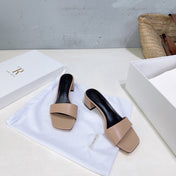 THE ROW 26S SQUARE TOE SLIDE SANDALS 45MM IN NUDE BEIGE CALFSKIN