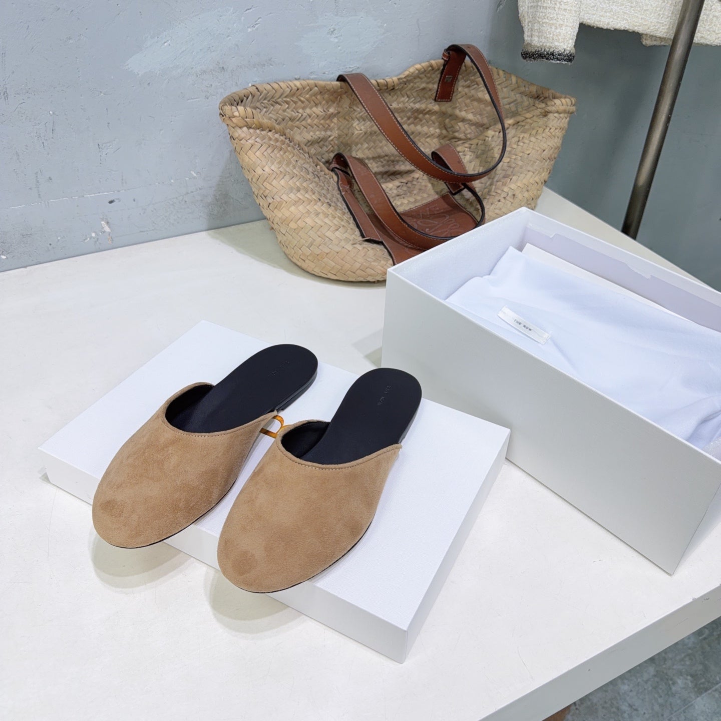 THE ROW 26S ROUND TOE MULE FLATS IN LIGHT BROWN SUEDE