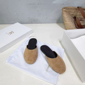 THE ROW 26S ROUND TOE MULE FLATS IN LIGHT BROWN SUEDE