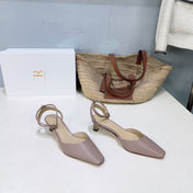 THE ROW 26S SQUARE TOE SLINGBACK HEELS 45MM IN MUTED TAUPE PINK CALFSKIN