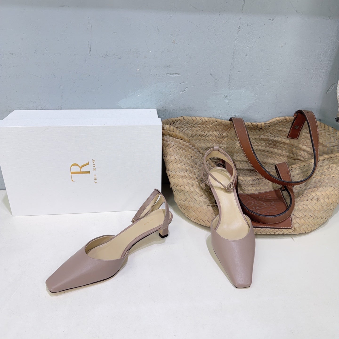 THE ROW 26S SQUARE TOE SLINGBACK HEELS 45MM IN MUTED TAUPE PINK CALFSKIN