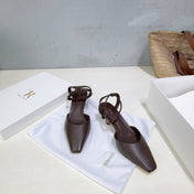 THE ROW 26S SQUARE TOE SLINGBACK HEELS 45MM IN DARK BROWN CALFSKIN