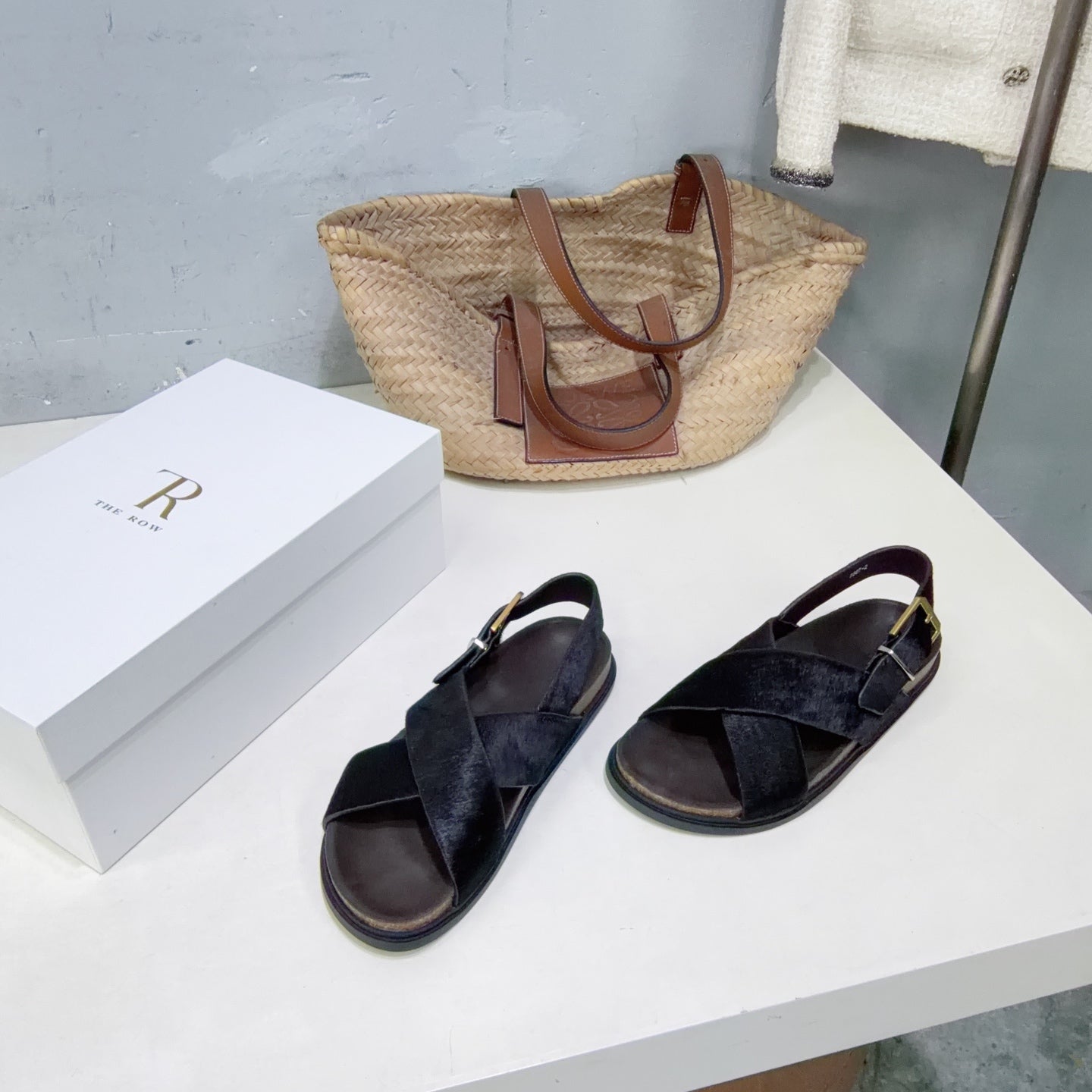 THE ROW 26S CROSS STRAP SANDALS IN BLACK CALFSKIN CALF HAIR