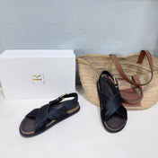 THE ROW 26S CROSS STRAP SANDALS IN BLACK CALFSKIN CALF HAIR