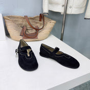 THE ROW 26S MARY JANE FLATS IN BLACK SUEDE SILVER HARDWARE