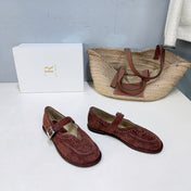 THE ROW 26S MARY JANE FLATS IN DARK BROWN SUEDE SILVER HARDWARE