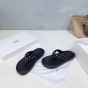 THE ROW 26S THONG SANDALS IN BLACK CALFSKIN & POLKA DOT CALF HAIR STRAPS