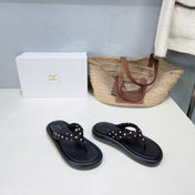 THE ROW 26S THONG SANDALS IN BLACK CALFSKIN & POLKA DOT CALF HAIR STRAPS