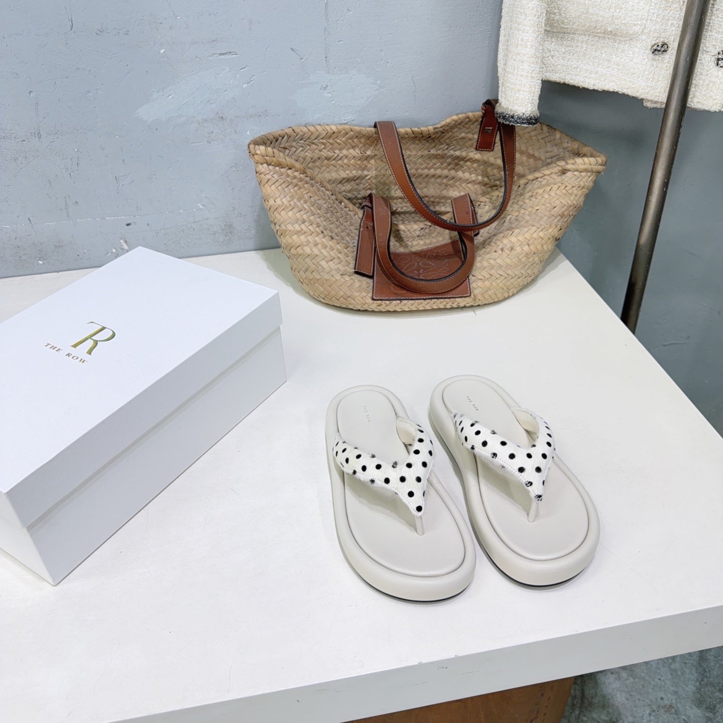 THE ROW 26S PLATFORM THONG SANDALS IN IVORY WHITE CALFSKIN & POLKA DOT CALF HAIR STRAPS