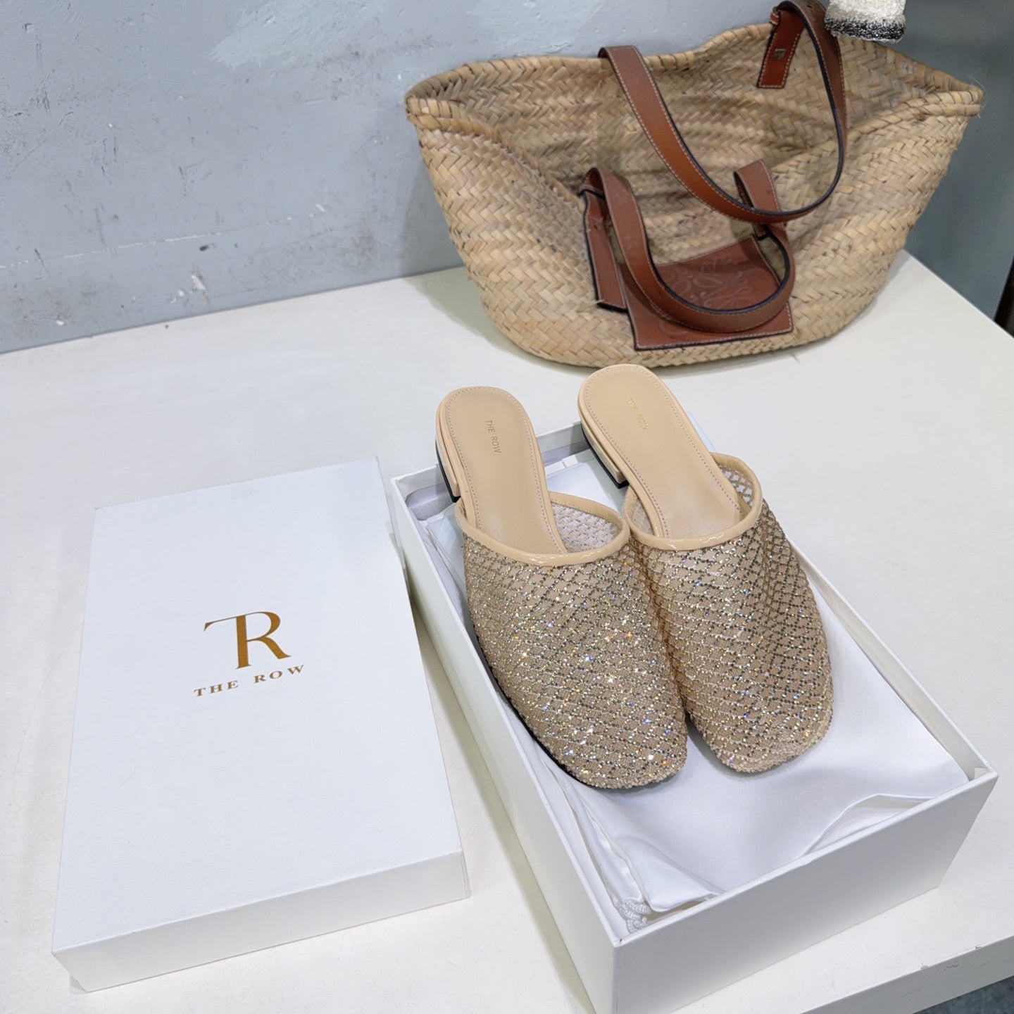 THE ROW 26S MULE FLATS IN BEIGE MESH FABRIC