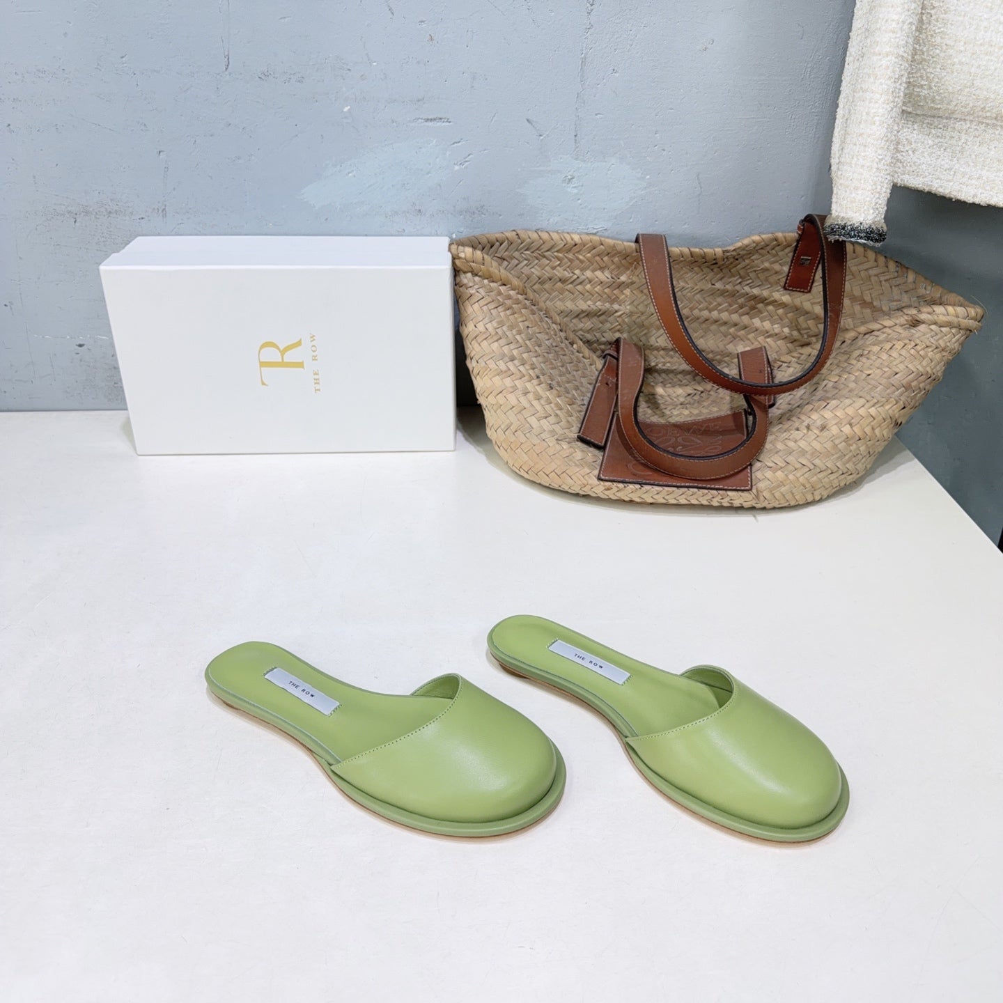 THE ROW 26S ROUND TOE MULE FLATS IN SAGE GREEN SMOOTH CALFSKIN