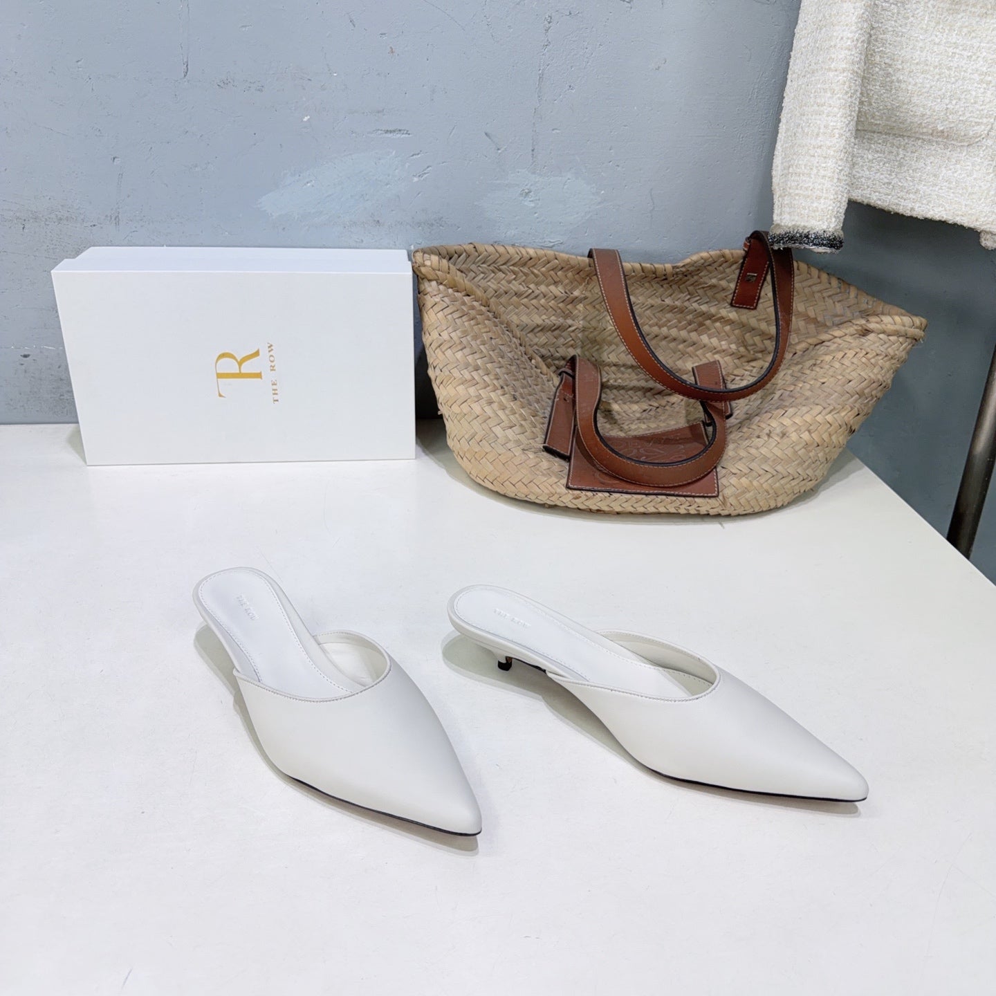 THE ROW 26S POINTED TOE MULE HEELS 35MM IN WHITE CALFSKIN