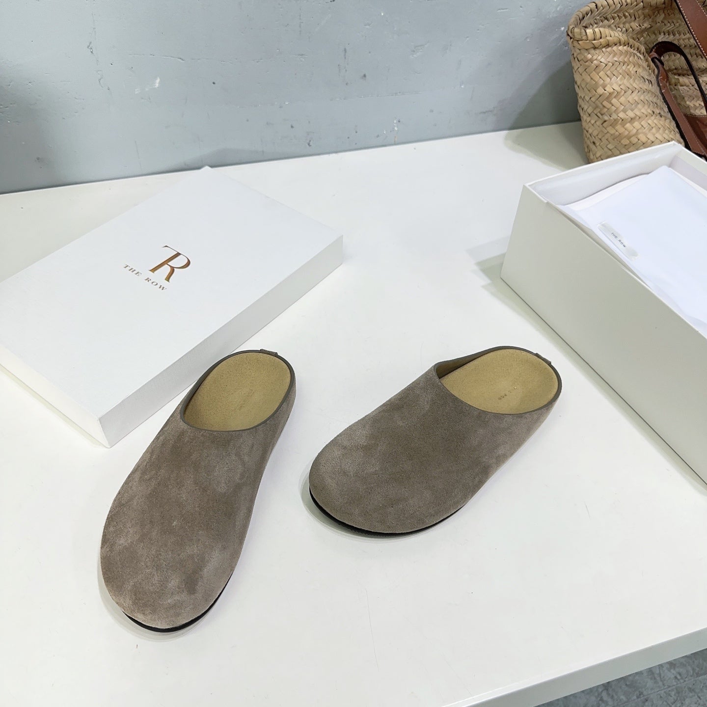 THE ROW 26S CLOG MULES IN TAUPE BROWN SUEDE
