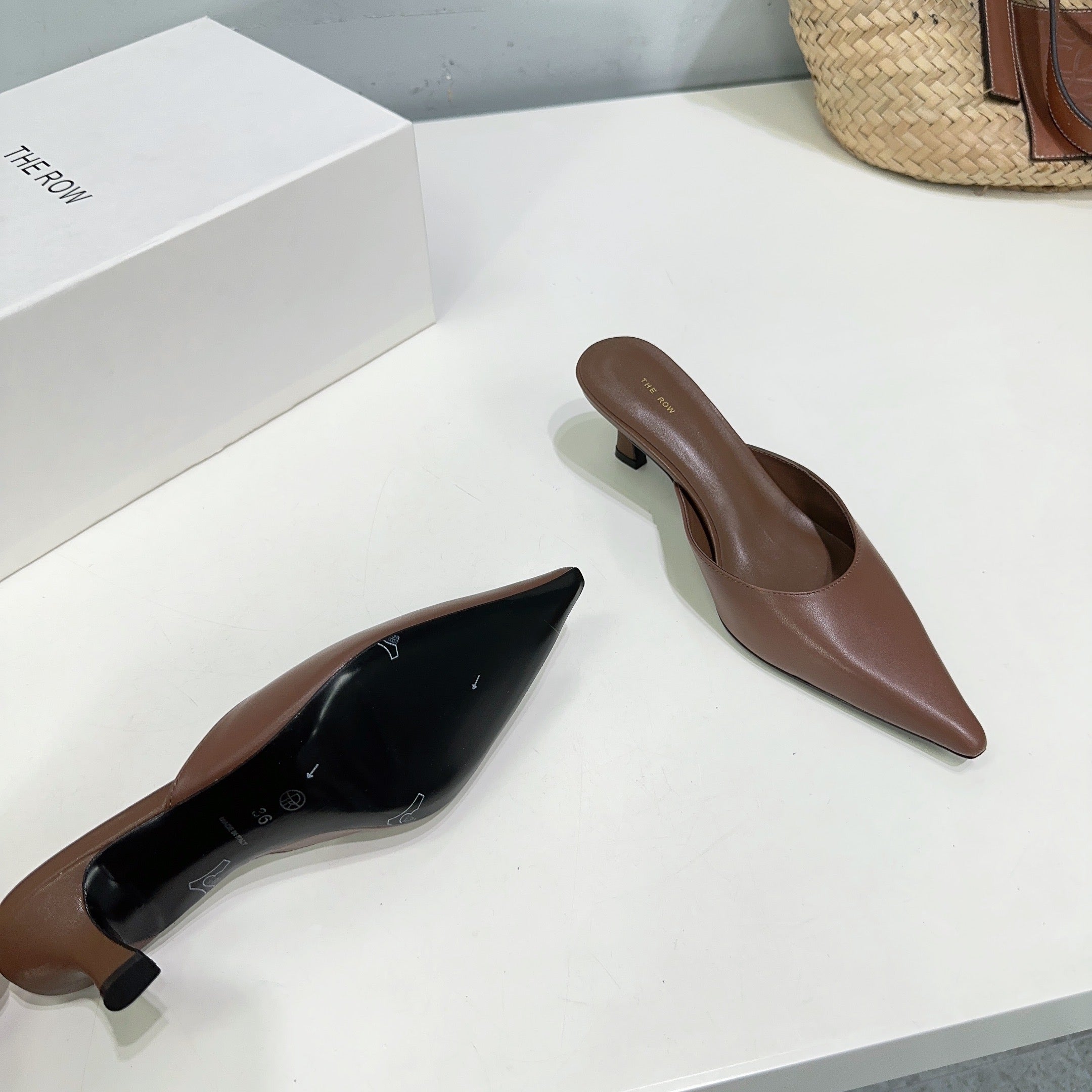 THE ROW 26S POINTED TOE MULE HEELS 45MM IN BROWN CALFSKIN