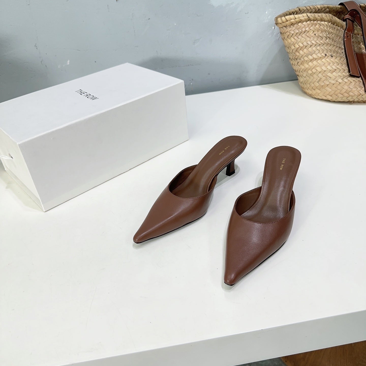 THE ROW 26S POINTED TOE MULE HEELS 45MM IN BROWN CALFSKIN