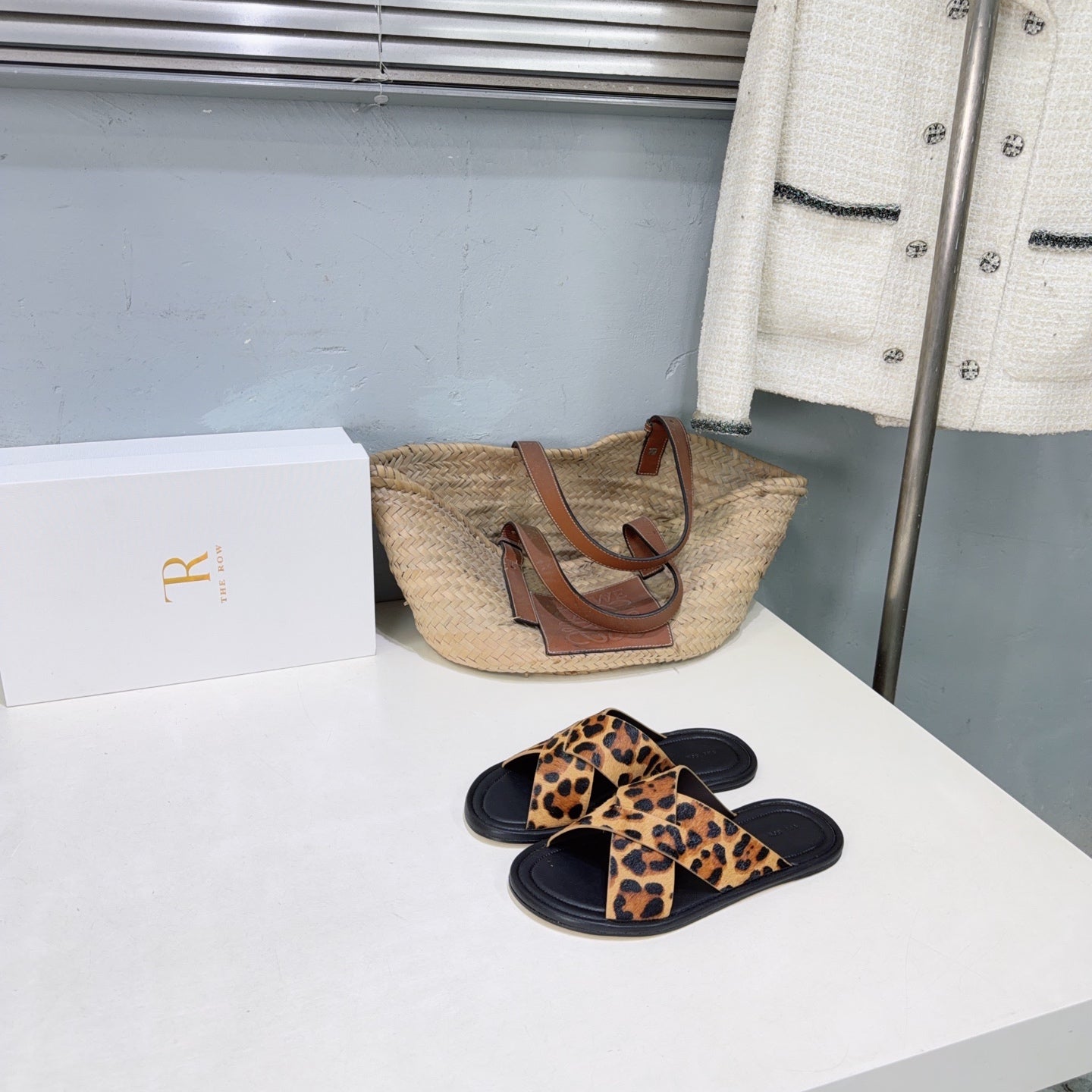 THE ROW 26S SLIDES SANDALS IN LEOPARD CALF HAIR CROSS STRAP