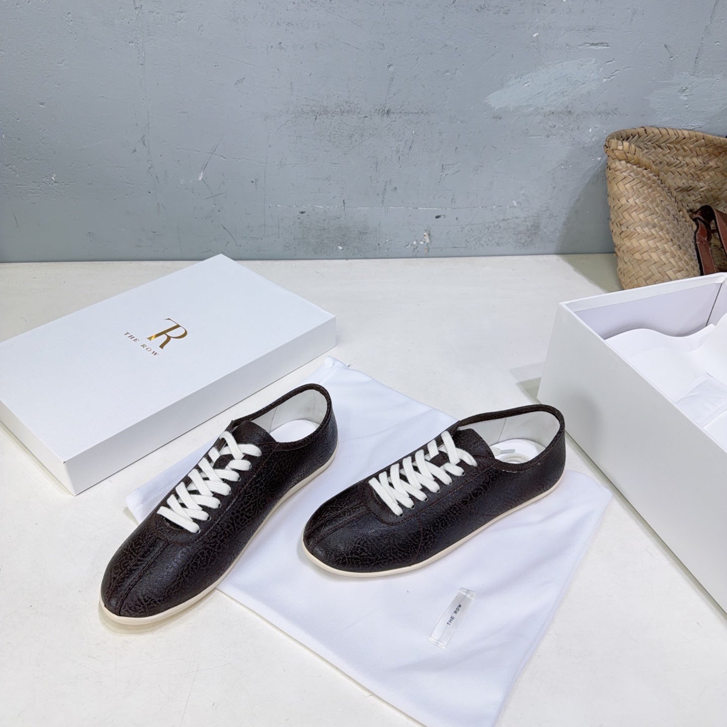 THE ROW 26S LACE-UP SNEAKERS IN DARK BROWN GRAINED CALFSKIN