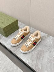 GG ACE SNEAKER WITH WEB IN BEIGE EMBOSSED SUEDE AND WOOL LINING