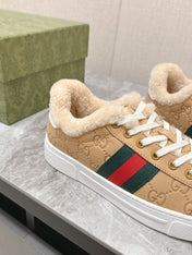 GG ACE SNEAKER WITH WEB IN BEIGE EMBOSSED SUEDE AND WOOL LINING