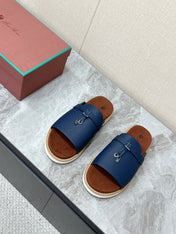 LP 26S LOCK MULE SLIDES IN DARK BLUE CALFSKIN SILVER HARDWARE