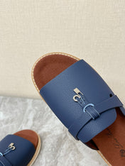 LP 26S LOCK MULE SLIDES IN DARK BLUE CALFSKIN SILVER HARDWARE