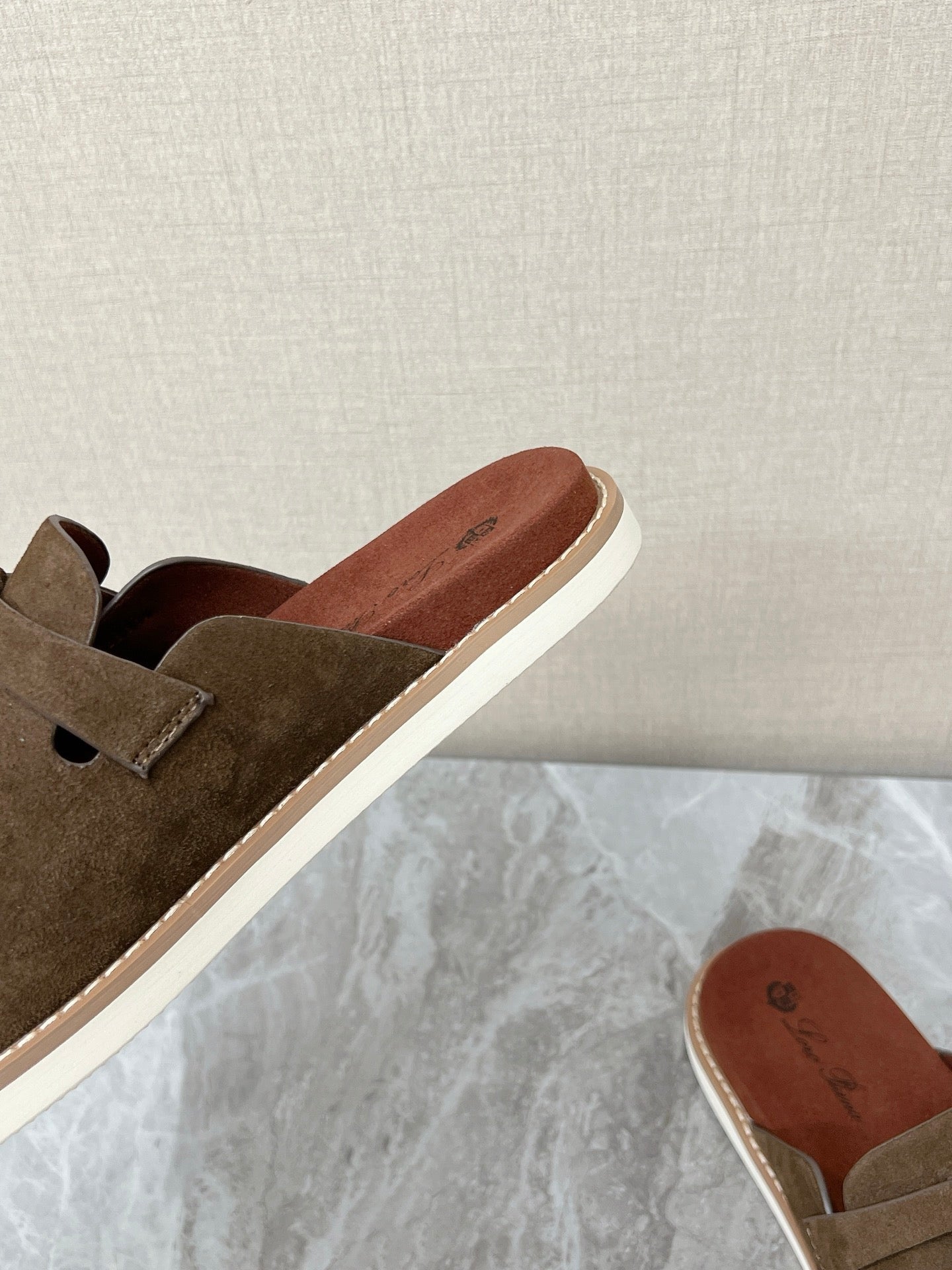 LP 26S LOCK MULE SLIDES IN OLIVE BROWN SUEDE SILVER HARDWARE