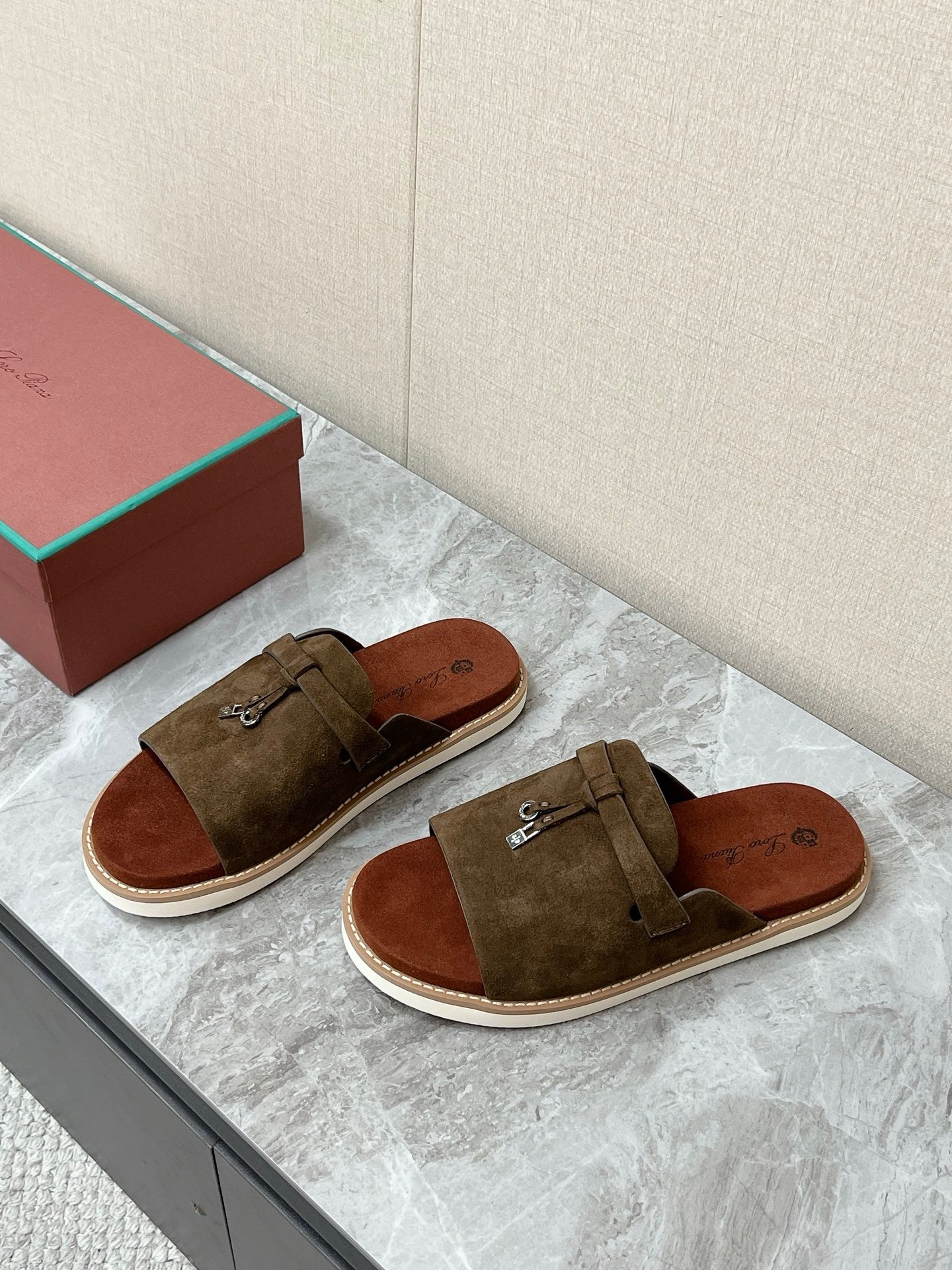 LP 26S LOCK MULE SLIDES IN OLIVE BROWN SUEDE SILVER HARDWARE