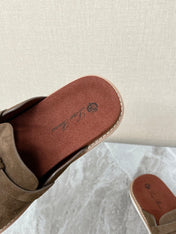 LP 26S LOCK MULE SLIDES IN OLIVE BROWN SUEDE SILVER HARDWARE