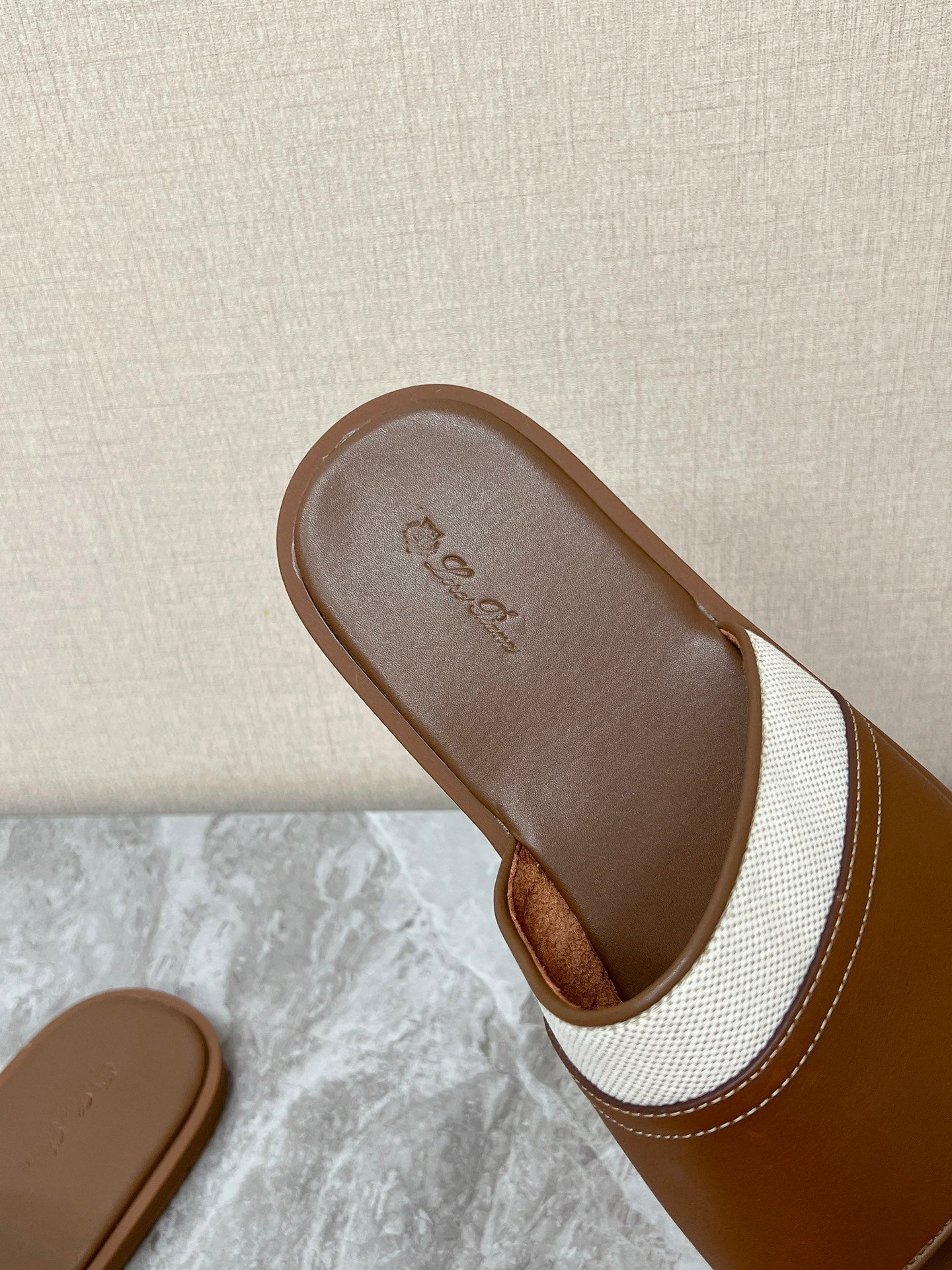 LP 26S SLIDES SANDAL IN BROWN CALFSKIN AND IVORY WHITE CANVAS