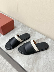 LP 26S SLIDES SANDAL IN BLACK CALFSKIN AND IVORY WHITE CANVAS