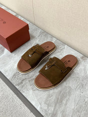 LP 26S LOCK CHARM SLIDES IN DARK BROWN SUEDE SILVER HARDWARE