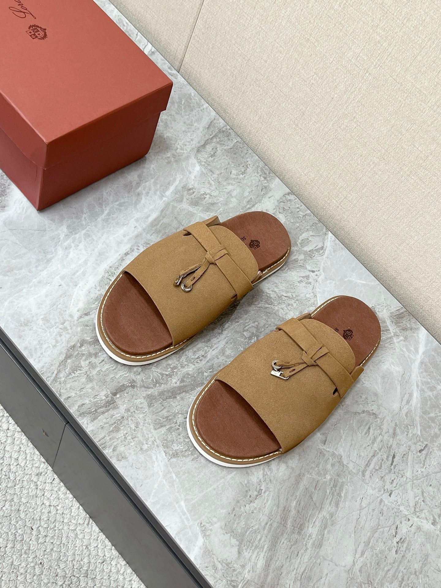 LP 26S LOCK CHARM SLIDES IN OLIVE BROWN SUEDE SILVER HARDWARE