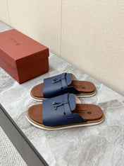 LP 26S LOCK CHARM SLIDES IN NAVY BLUE CALFSKIN SILVER HARDWARE