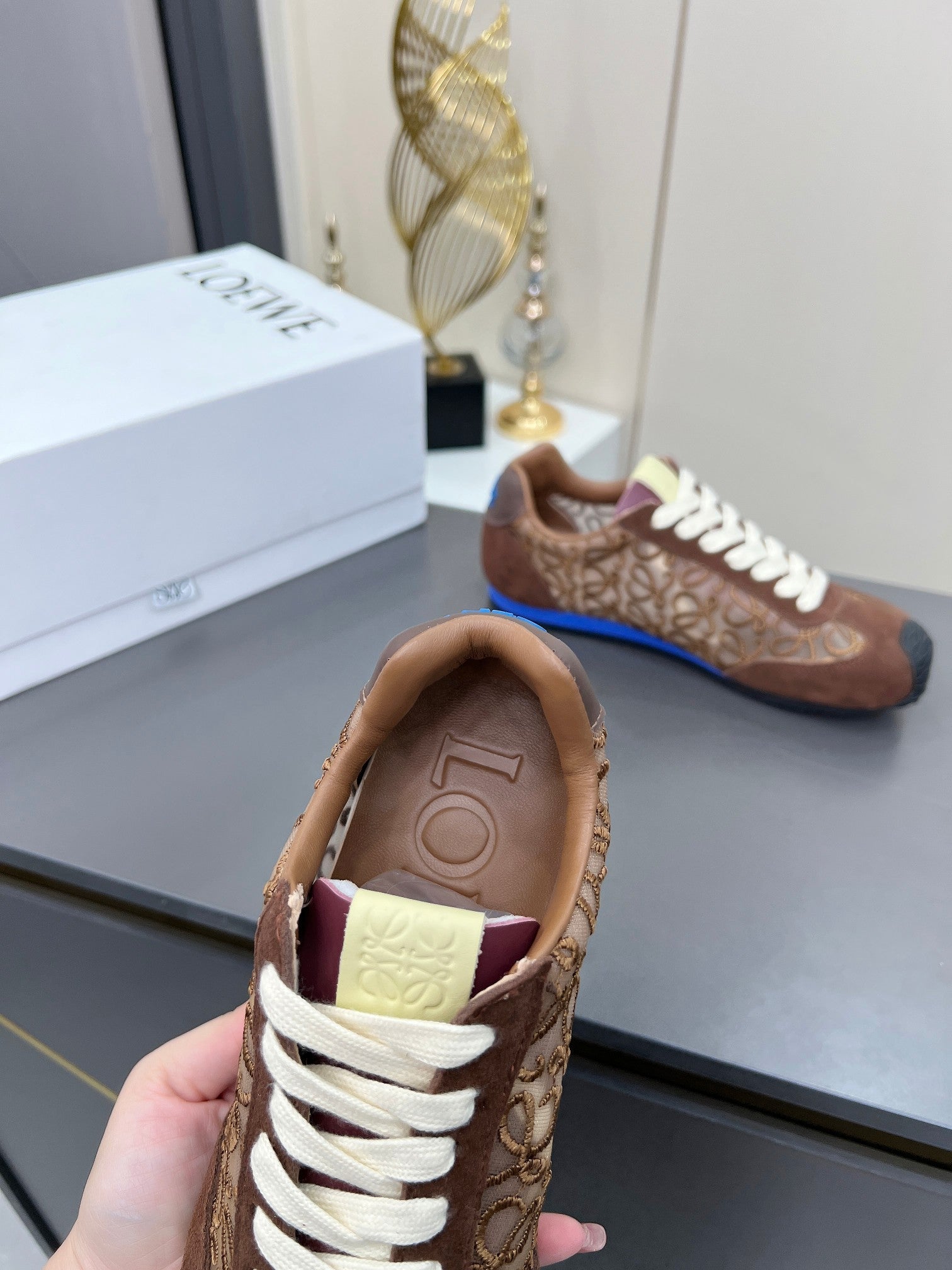 LOEWE 26S RUNNER 2.0 SNEAKERS IN DARK BROWN SUEDE AND ANAGRAM JACQUARD