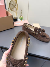 MIUMIU 26S TASSEL LOAFERS IN DARK BROWN SUEDE BEADED TRIM