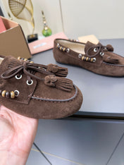 MIUMIU 26S TASSEL LOAFERS IN DARK BROWN SUEDE BEADED TRIM