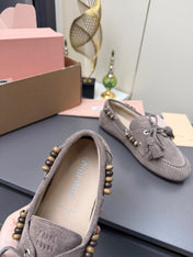 MIUMIU 26S TASSEL LOAFERS IN TAUPE BROWN SUEDE BEADED TRIM