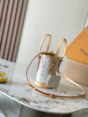 NANO BUCKET 17 IN WHITE MONOGRAM JACQUARD AND BEIGE CALFSKIN TRIM